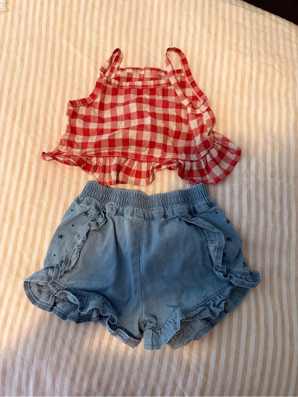 Girls Red Gingham Tank Top & Blue Chambray Ruffle Shorts Matching Set